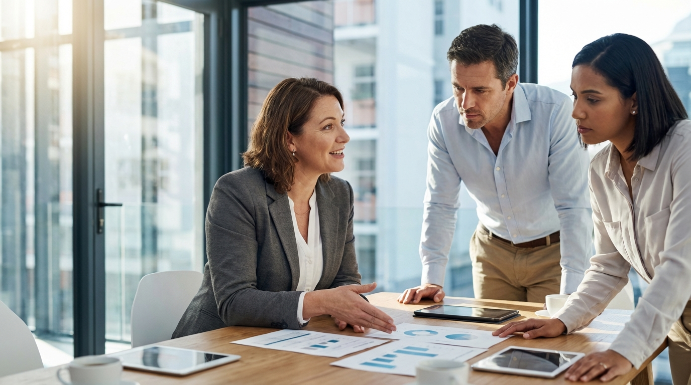 Consultant presenting AI security assessment findings to leadership team