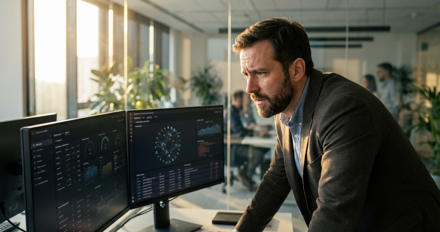 IT security professional reviewing AI risk dashboard