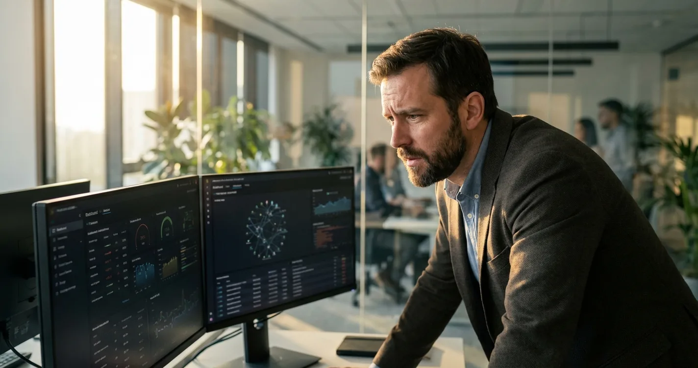 IT security professional reviewing AI risk dashboard