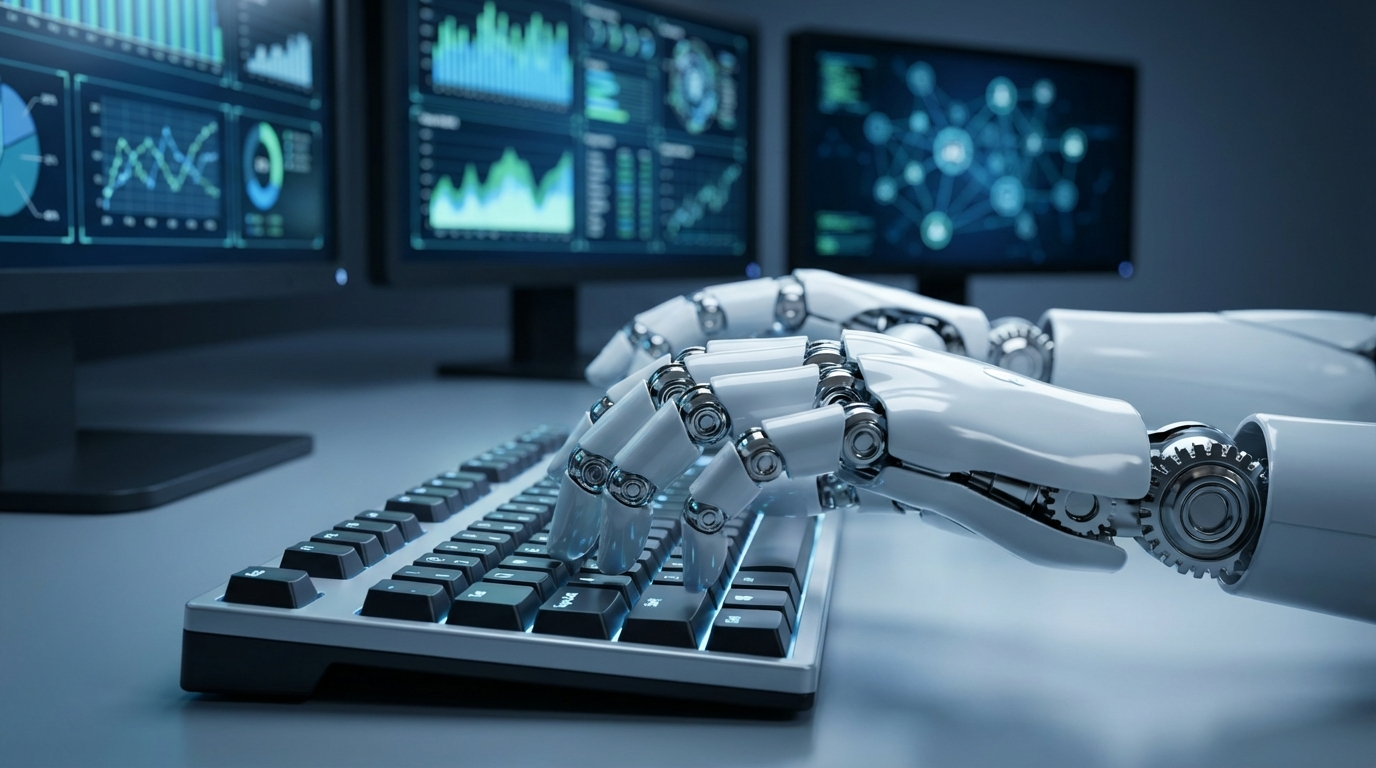 AI agent working at a workstation analyzing SEO keyword data