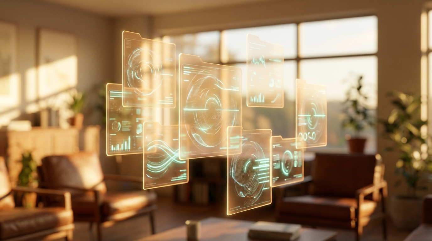 Floating holographic documents representing SEO research deliverables and content briefs