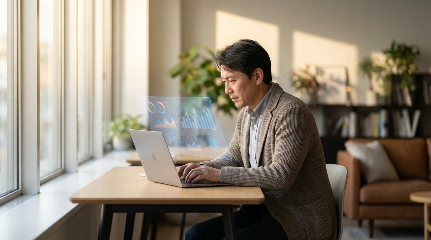 Professional reviewing holographic SEO data overlay for content strategy decisions