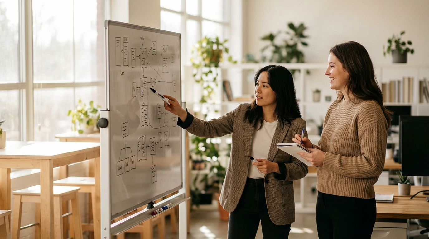 Two professionals collaborating at a whiteboard reviewing AI-generated SEO research