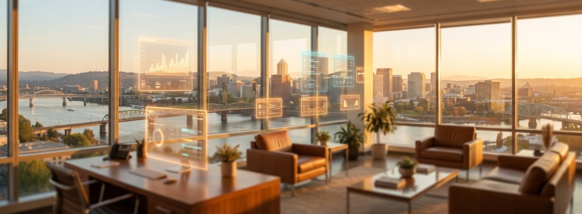 AI consulting Portland Oregon featured image - golden hour Portland cityscape with holographic data overlays