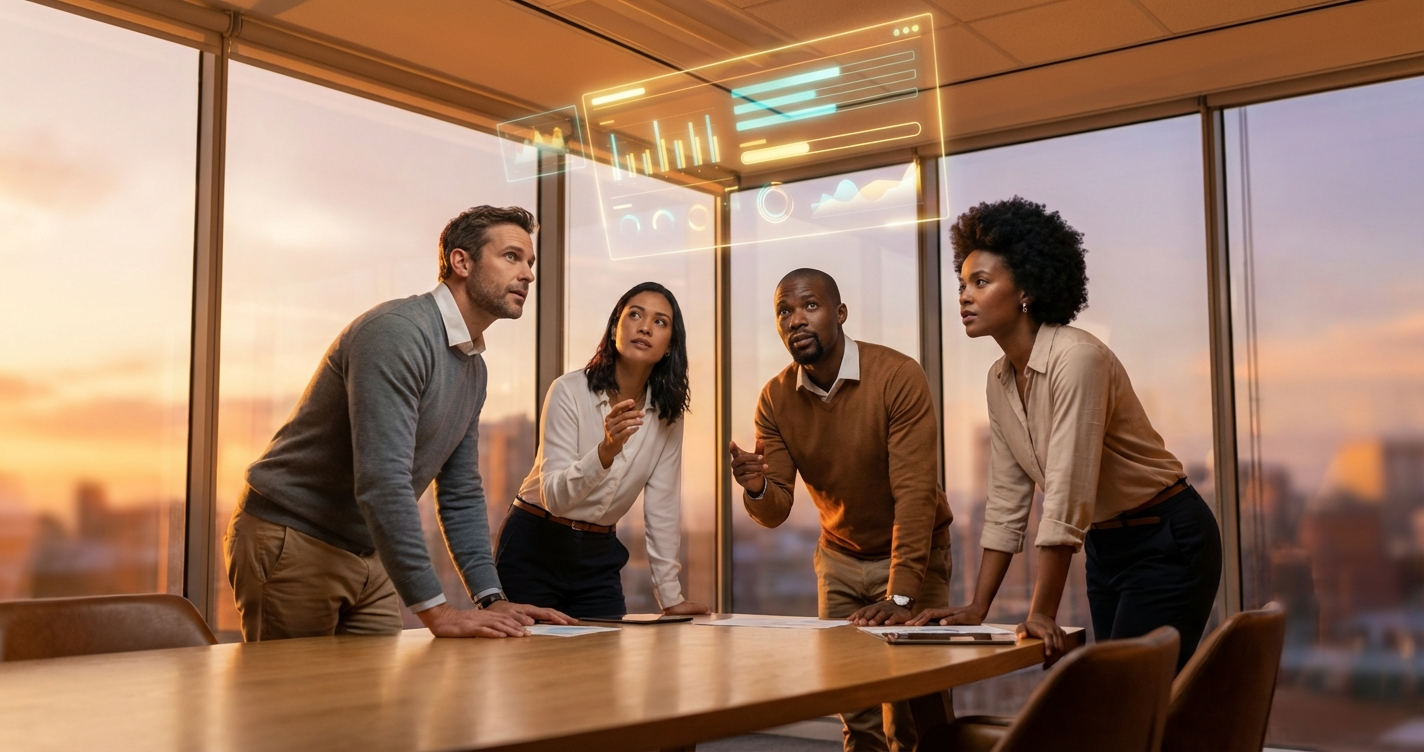 Diverse professional team evaluating AI readiness with holographic dashboard during golden hour