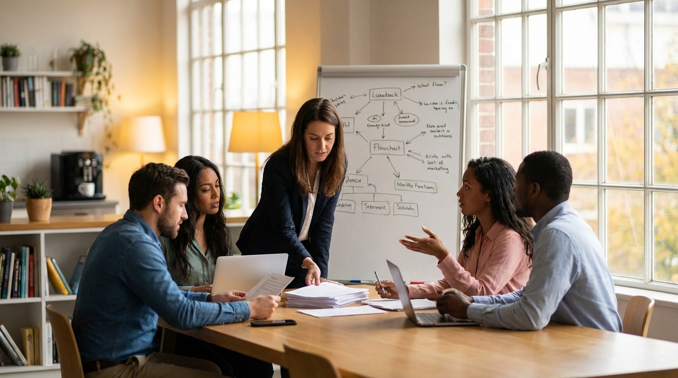 Cross-functional team evaluating AI readiness in modern meeting room with whiteboards