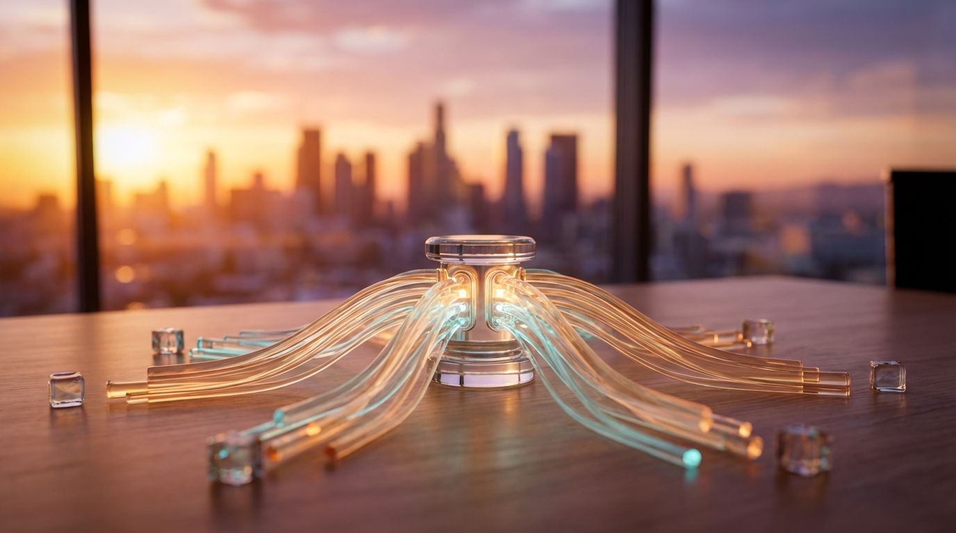 Holographic data streams flowing from scattered sources into organized central system for AI readiness