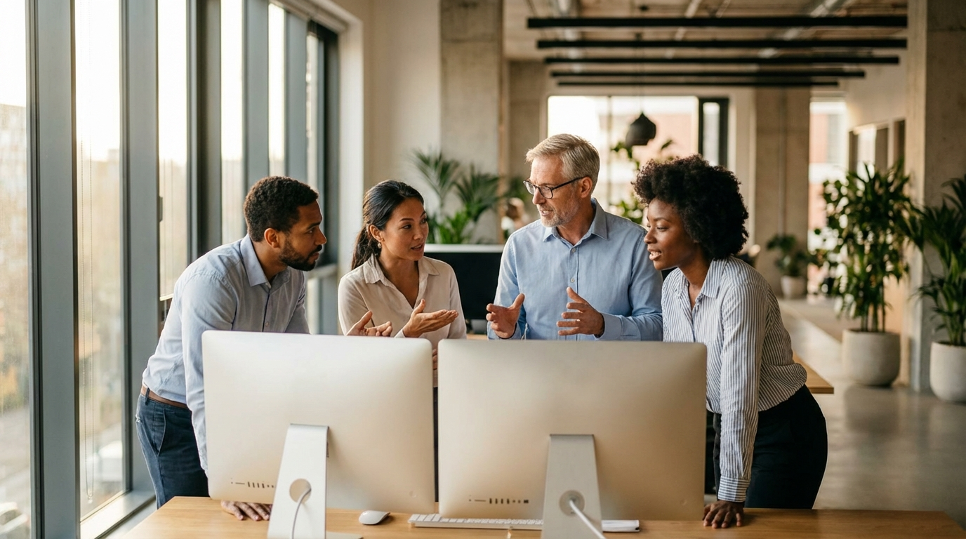 Team training session with professionals learning together around screens in modern office
