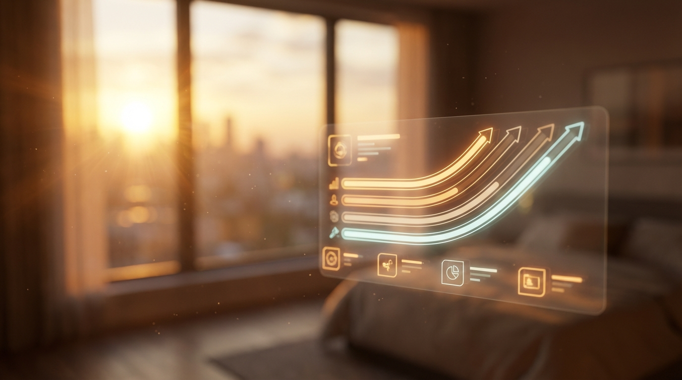 Holographic scoring dashboard showing AI readiness progress with upward metrics and amber glow
