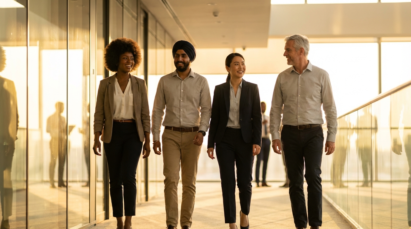 Diverse team of professionals walking forward together through modern office with golden hour light