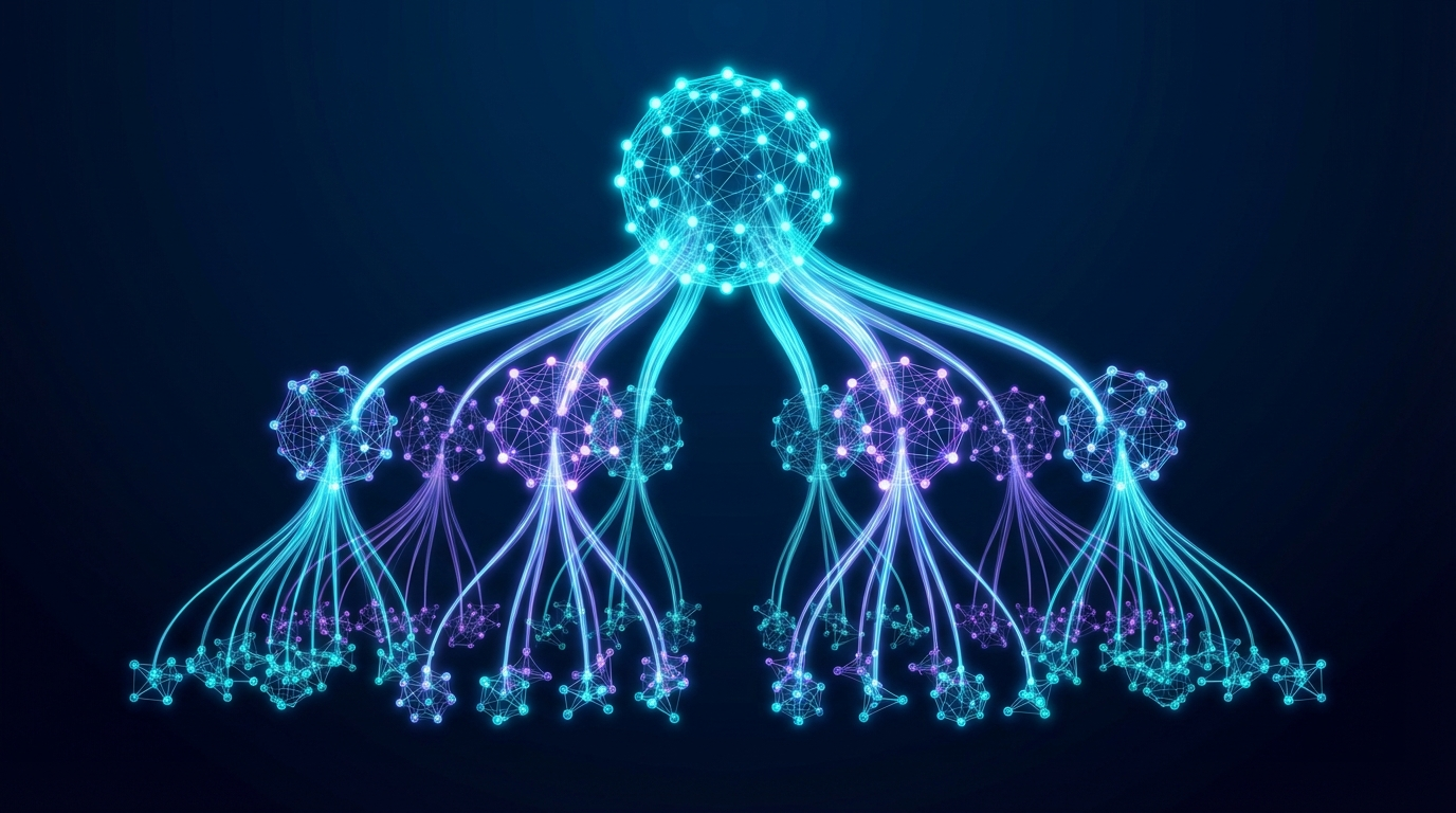 Autonomous AI agent system architecture with orchestrator and specialized processing nodes