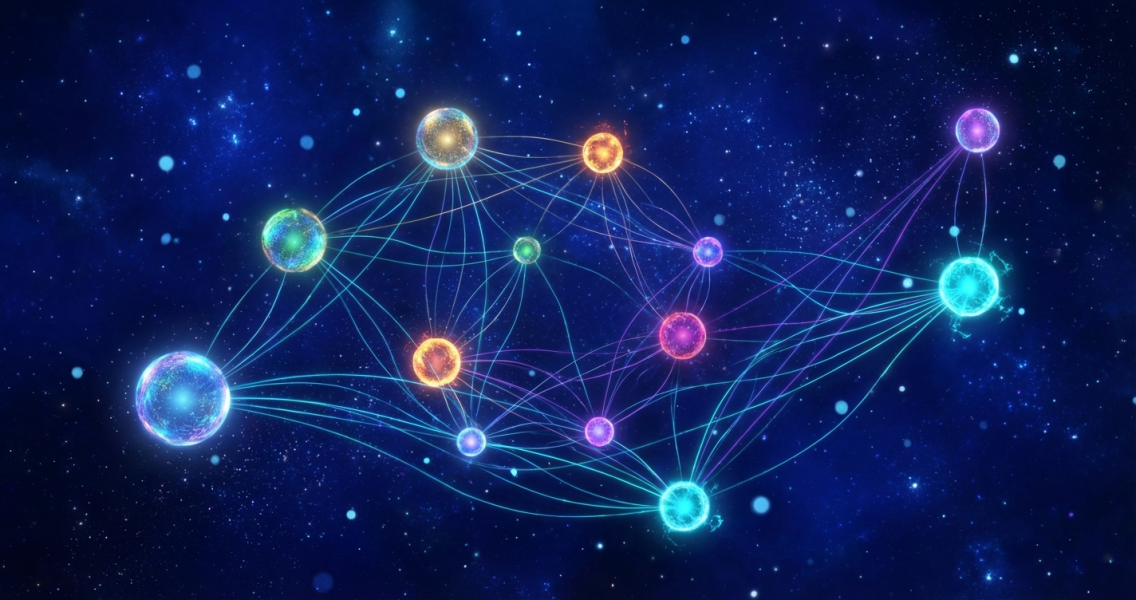 Network visualization of 10 AI agent development companies connected in a digital landscape, representing the competitive landscape for AI agent development services