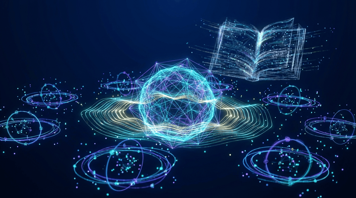 Abstract visualization of reinforcement learning expertise with a central node emanating reward signals, representing deep AI agent development capabilities