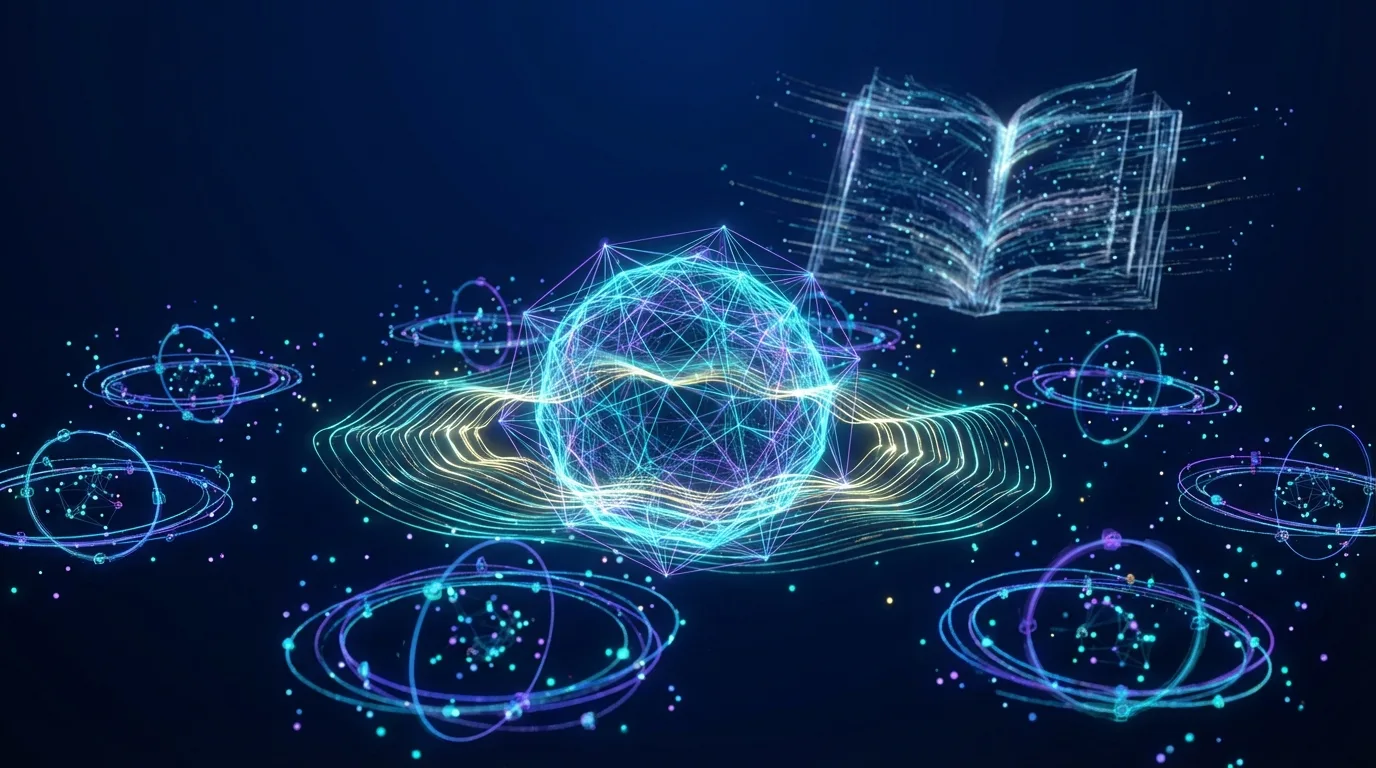 Abstract visualization of reinforcement learning expertise with a central node emanating reward signals, representing deep AI agent development capabilities