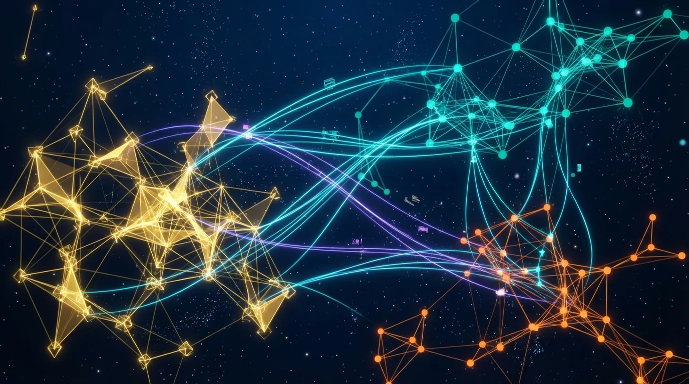 AI agent network spreading across finance, healthcare, and logistics industry zones, showing the breadth of AI agent applications across different sectors