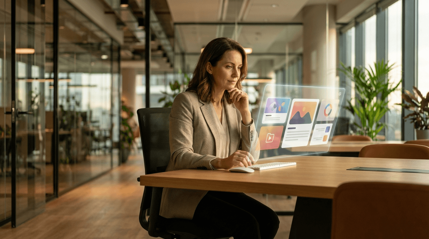 Business professional evaluating AI agent development company options on a holographic interface in a modern office with natural light, representing the vendor selection process