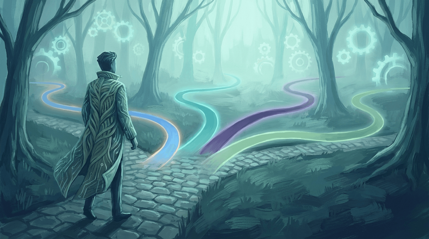Illustrated professional at a crossroads with multiple glowing paths representing different AI agent development company choices, symbolizing the decision-making process