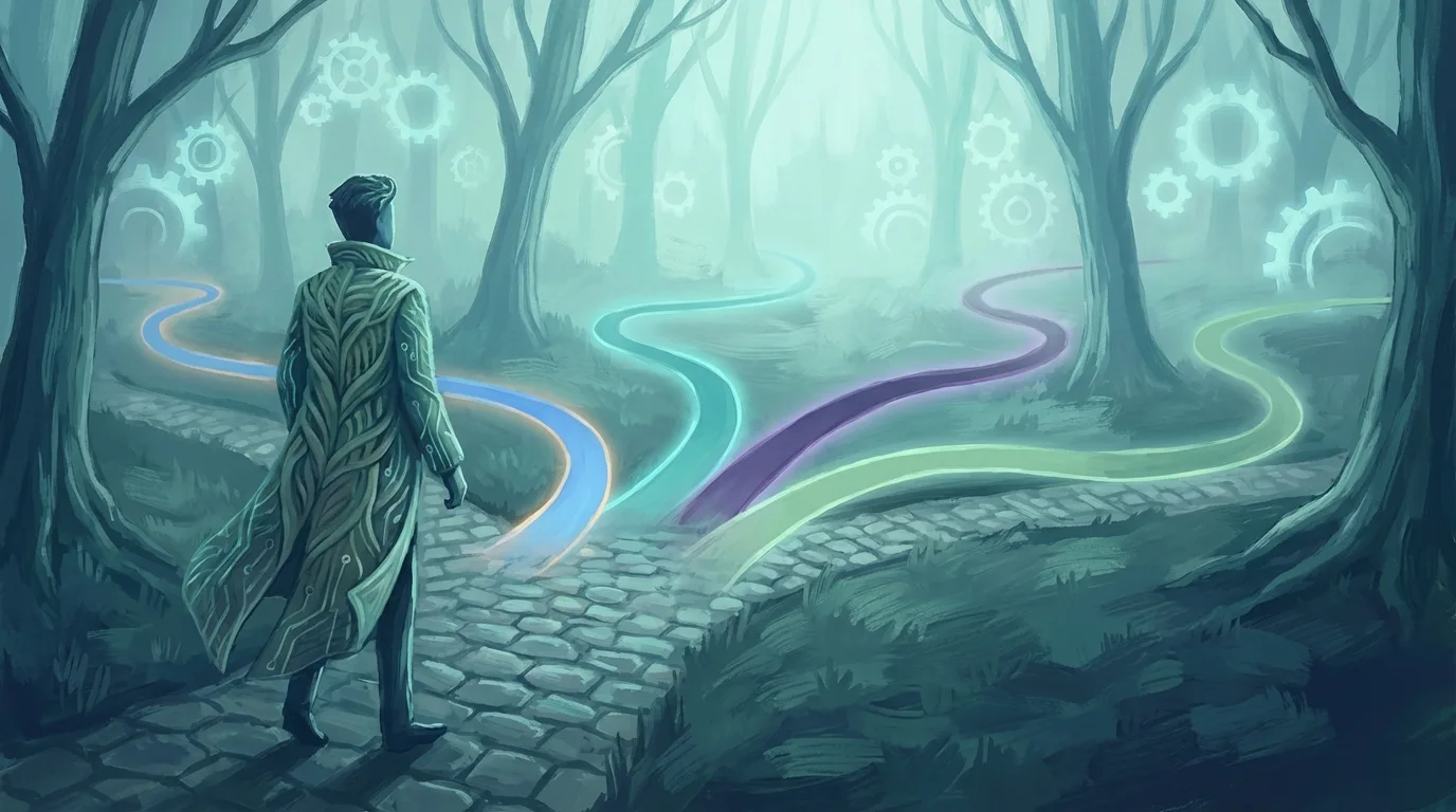 Illustrated professional at a crossroads with multiple glowing paths representing different AI agent development company choices, symbolizing the decision-making process