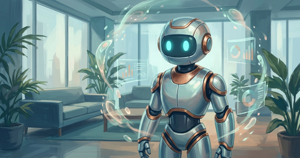 Stylized AI agent character in illustrated digital painting style, representing autonomous AI systems for business