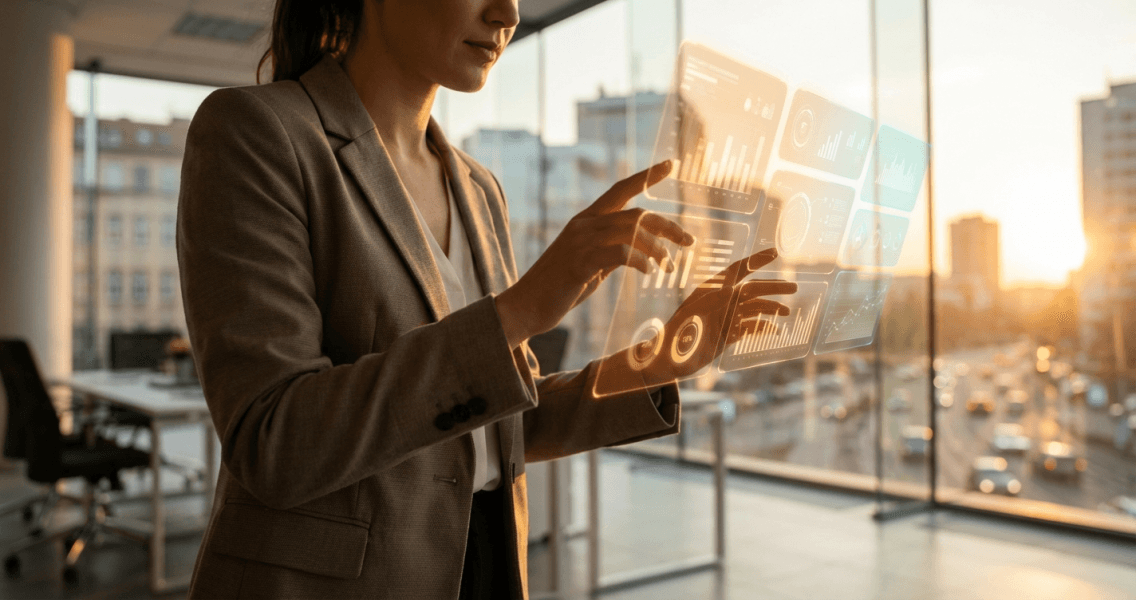 Professional managing autonomous AI content operations with holographic dashboard in warm golden-hour office