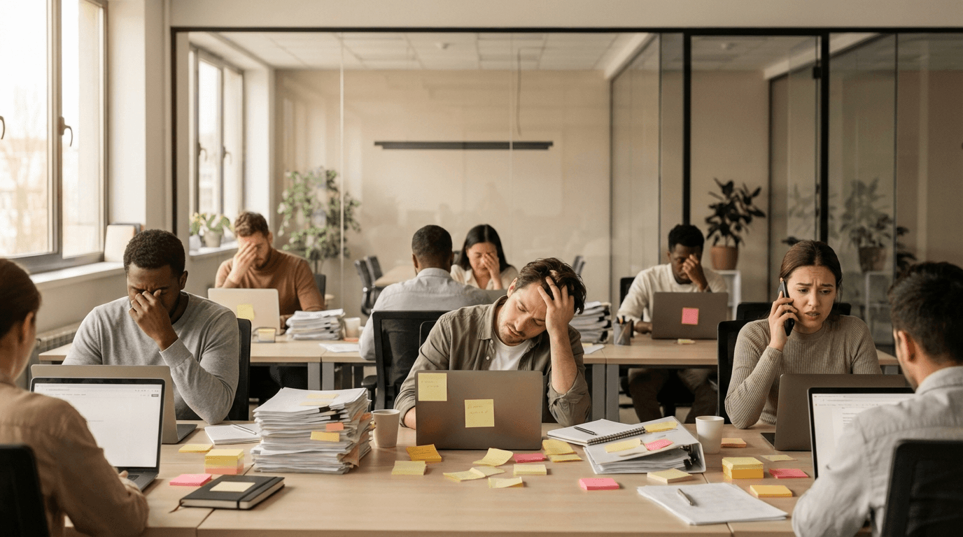 Stressed content marketing team overwhelmed by traditional manual content production workflow