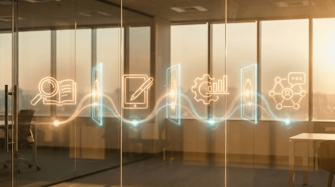 Four-stage autonomous AI content pipeline workflow with research, writing, analytics, and social agents connected by quality gates