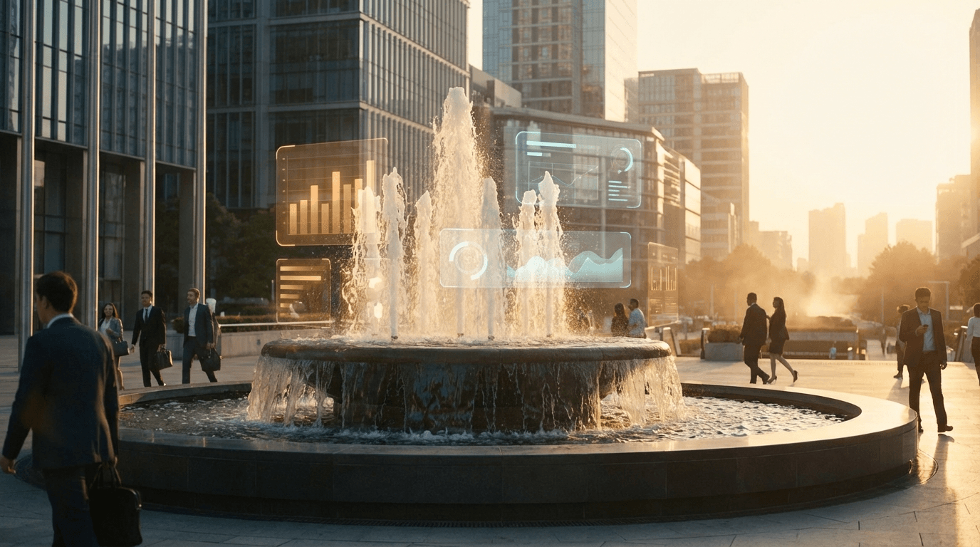 Elegant illuminated fountain in modern city plaza at sunset with cascading water jets and warm golden light