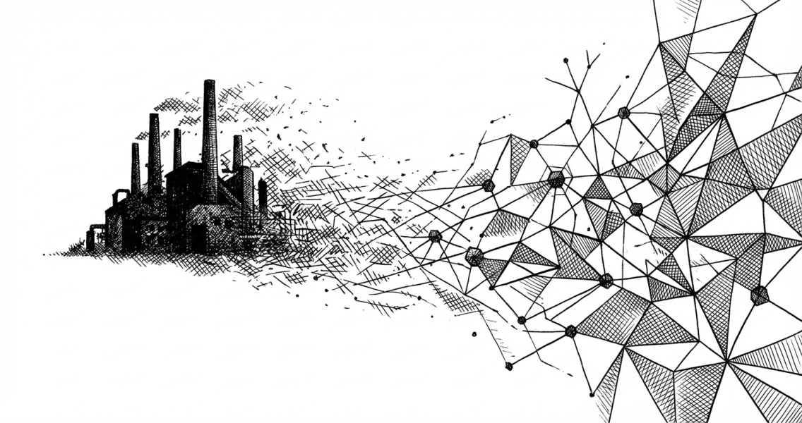Editorial illustration showing the transformation from traditional offshore development to the agentic AI economy