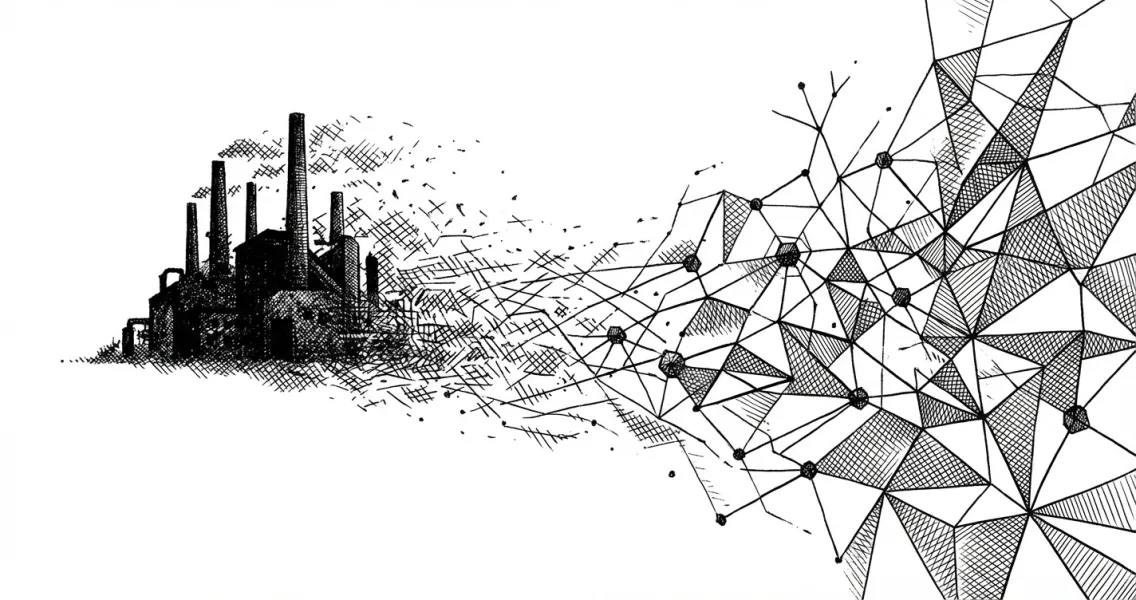 Editorial illustration showing the transformation from traditional offshore development to the agentic AI economy