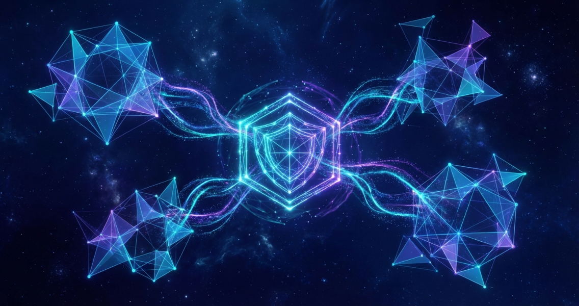 Abstract network visualization of AI agent framework security alternatives converging around a central protection concept