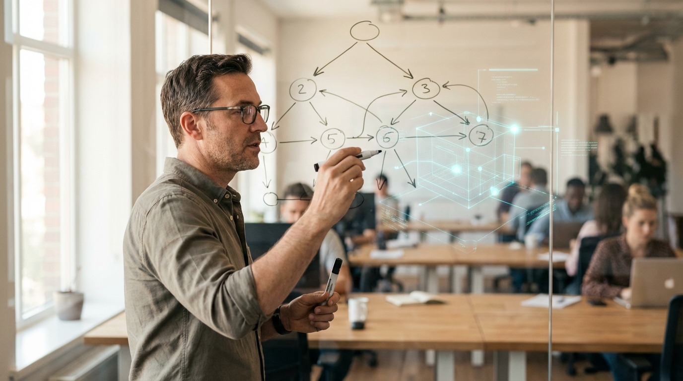 Technology professional sketching a decision framework for choosing an AI agent security platform with holographic visualization overlay