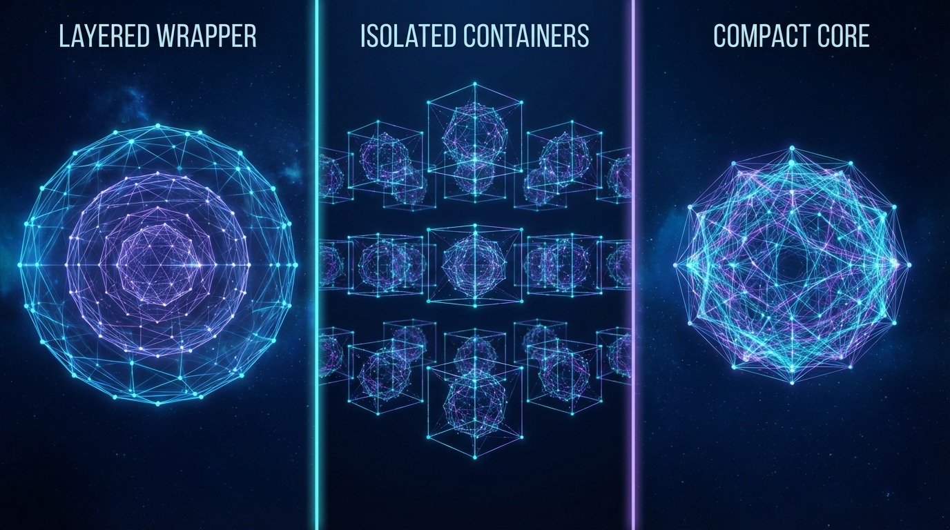Three-panel technical diagram comparing security architectures: wrapper layer, container isolation, and compact single-unit approaches
