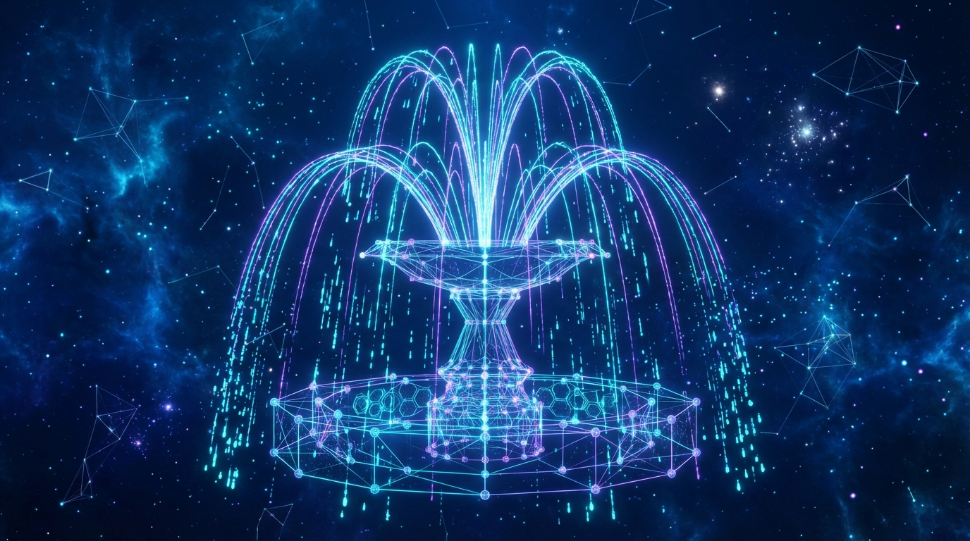Elegant wireframe fountain with cascading data particles representing secure AI agent platform architecture