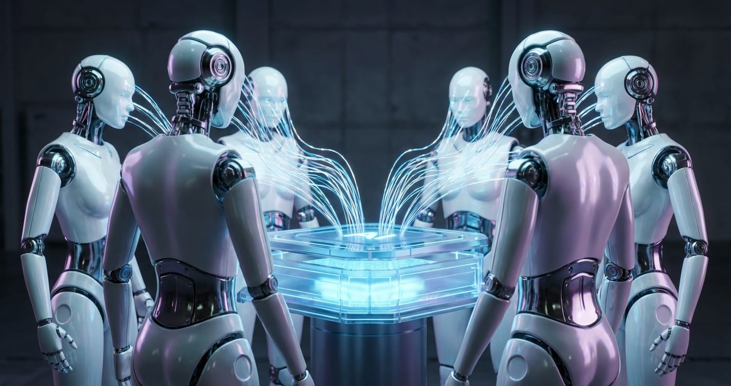 Central AI platform hub with interconnected humanoid robots managing coordinated workflows