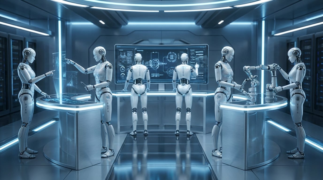 Six autonomous AI agents working in coordinated collaboration at their specialized workstations