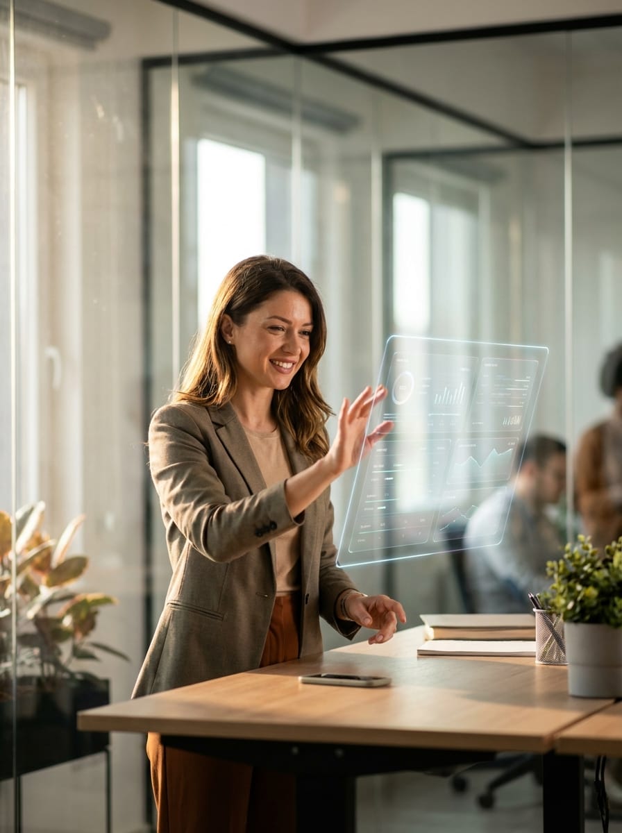 Business professional collaborating with holographic AI agent interface showing real-time data coordination