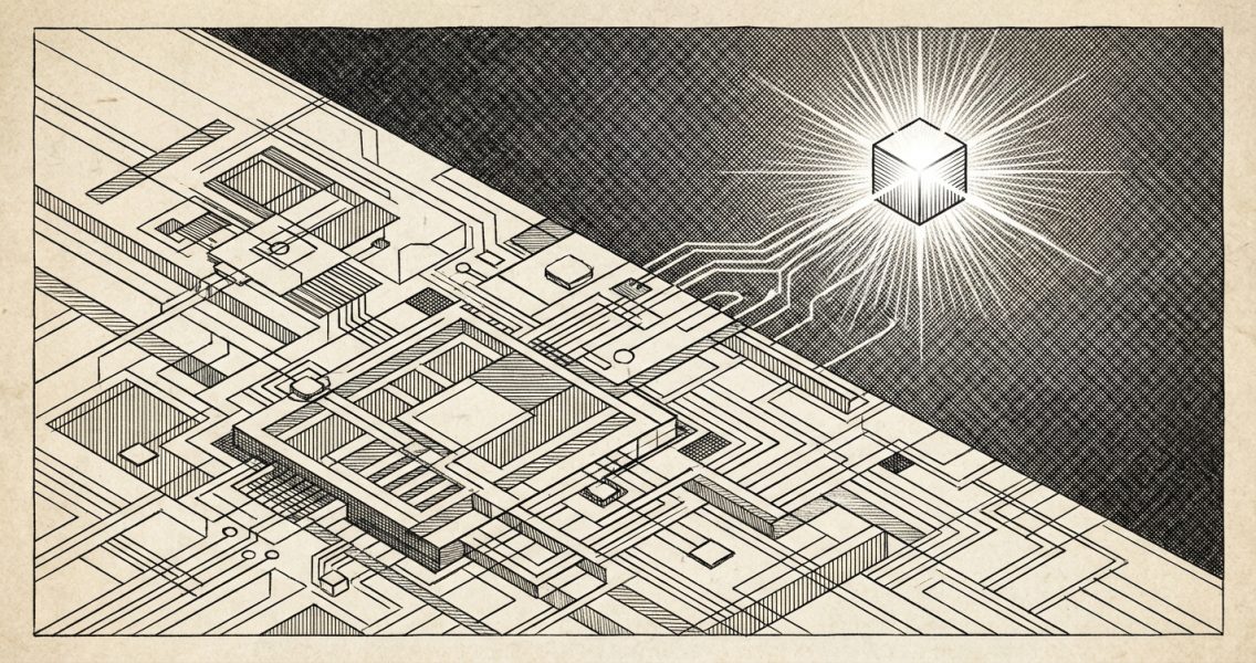AI system architecture with interconnected nodes showing how system design determines success more than model choice
