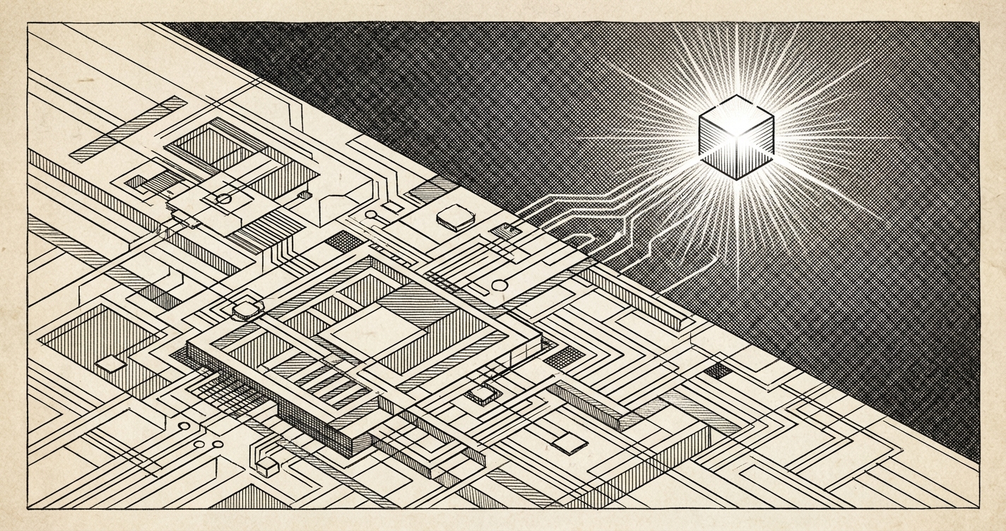 AI system architecture with interconnected nodes showing how system design determines success more than model choice