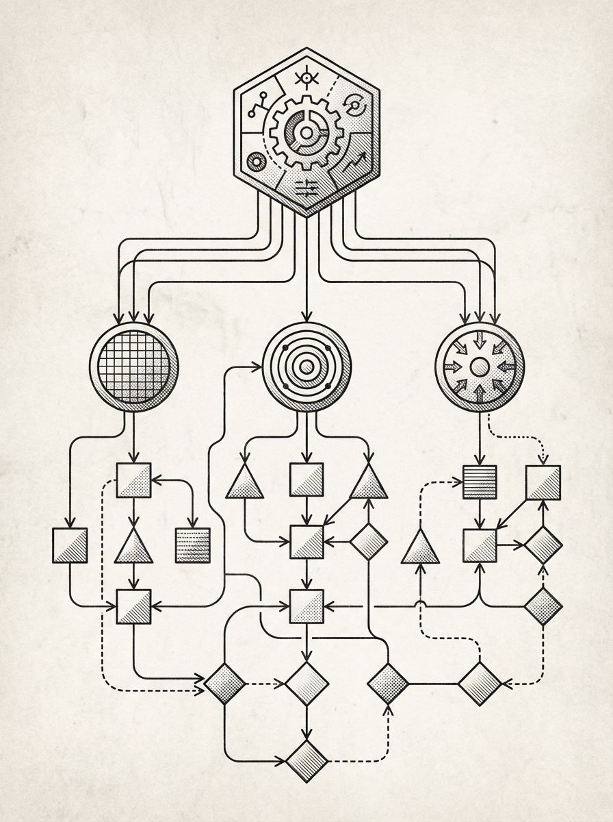 Task decomposition and delegation flows in AI system architecture
