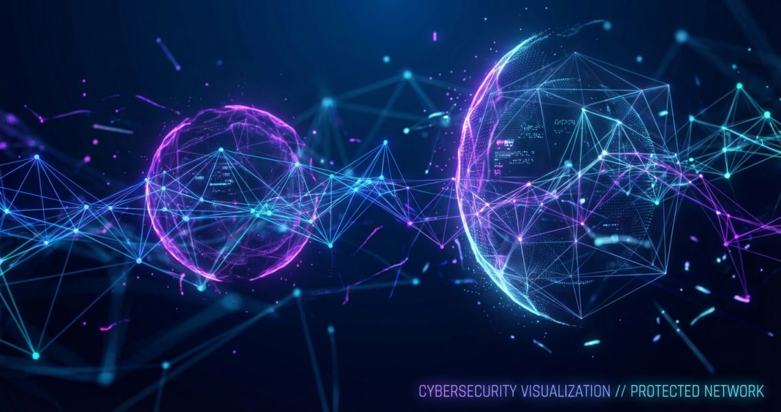 Abstract security concept showing network nodes with protective shields