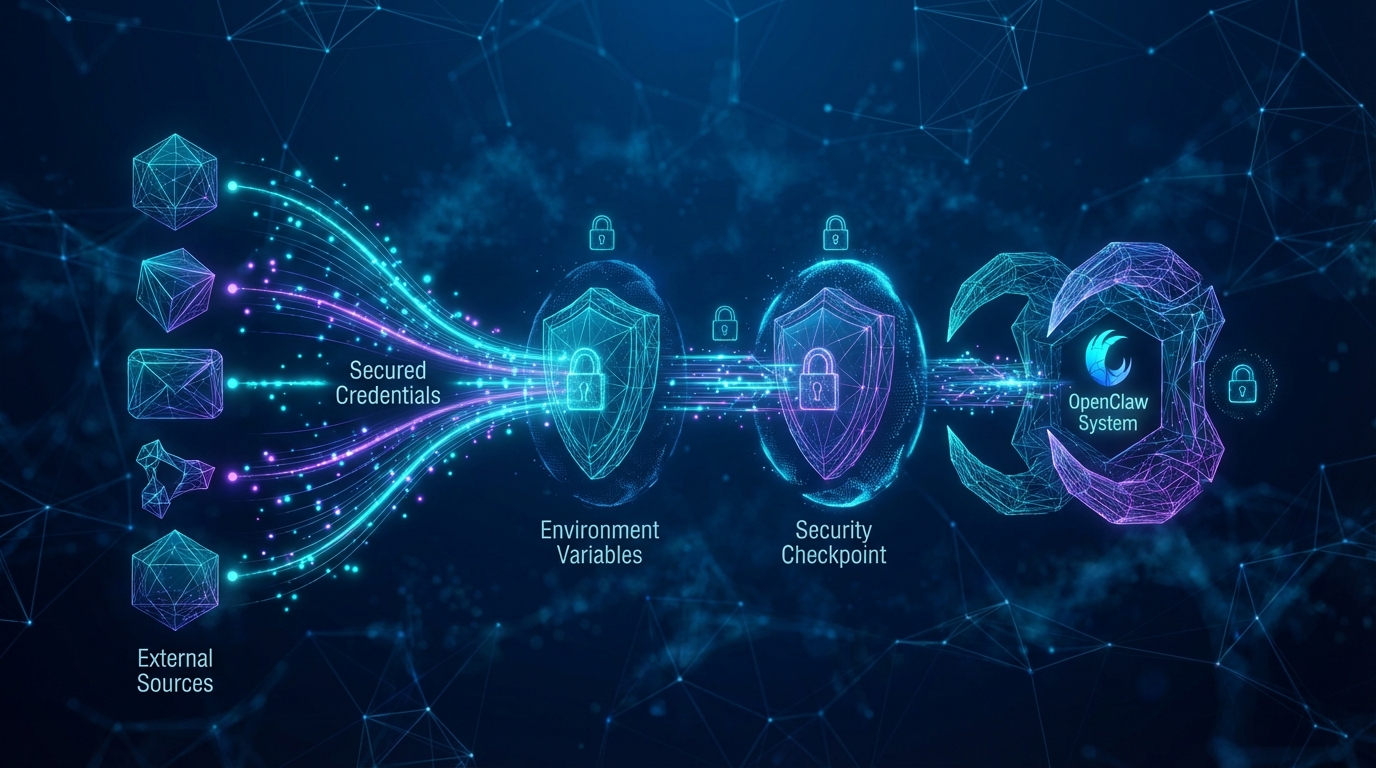 Secured credentials flow diagram showing externalization through environment variables