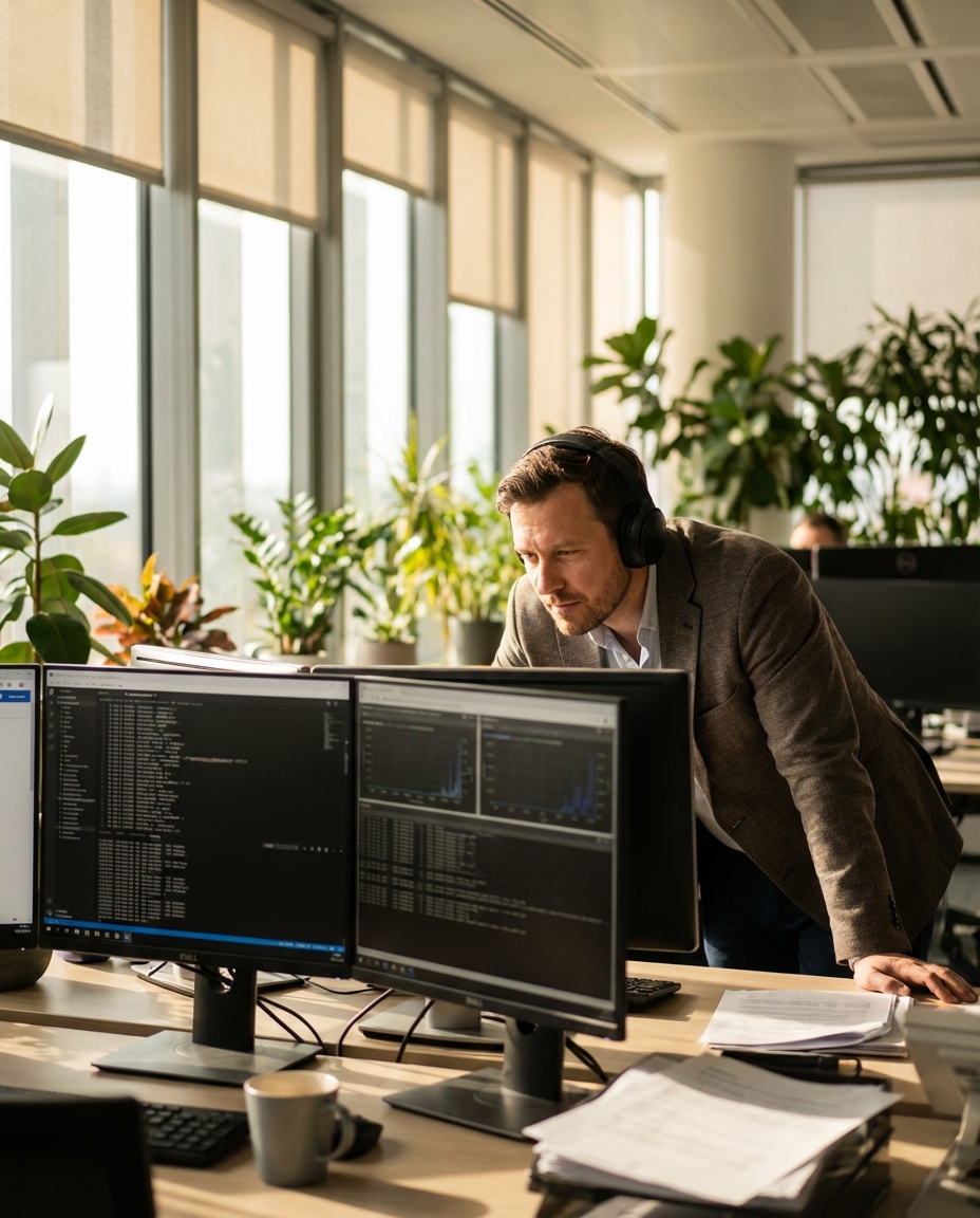 Security professional analyzing audit logs with monitoring interface