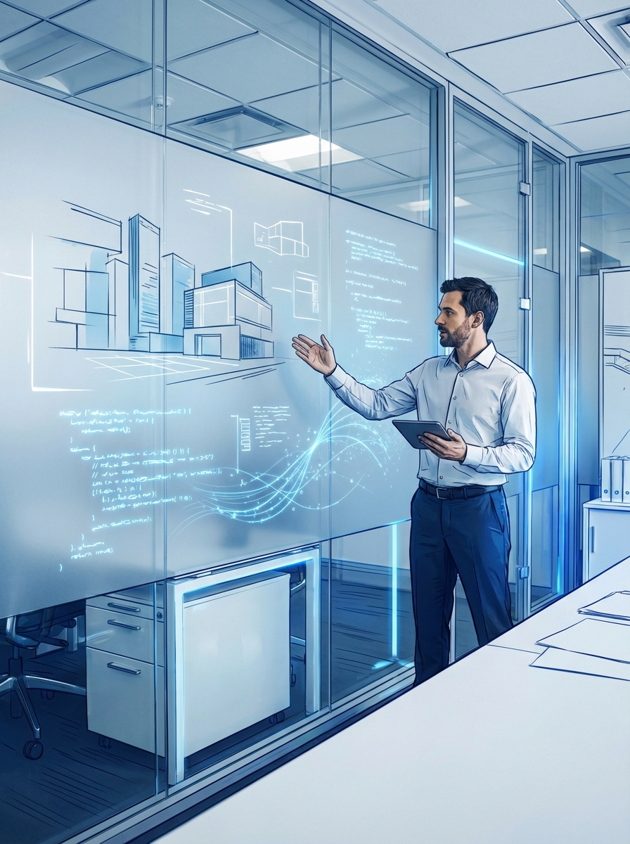 engineer reviewing architectural diagrams while AI generates code in real-time