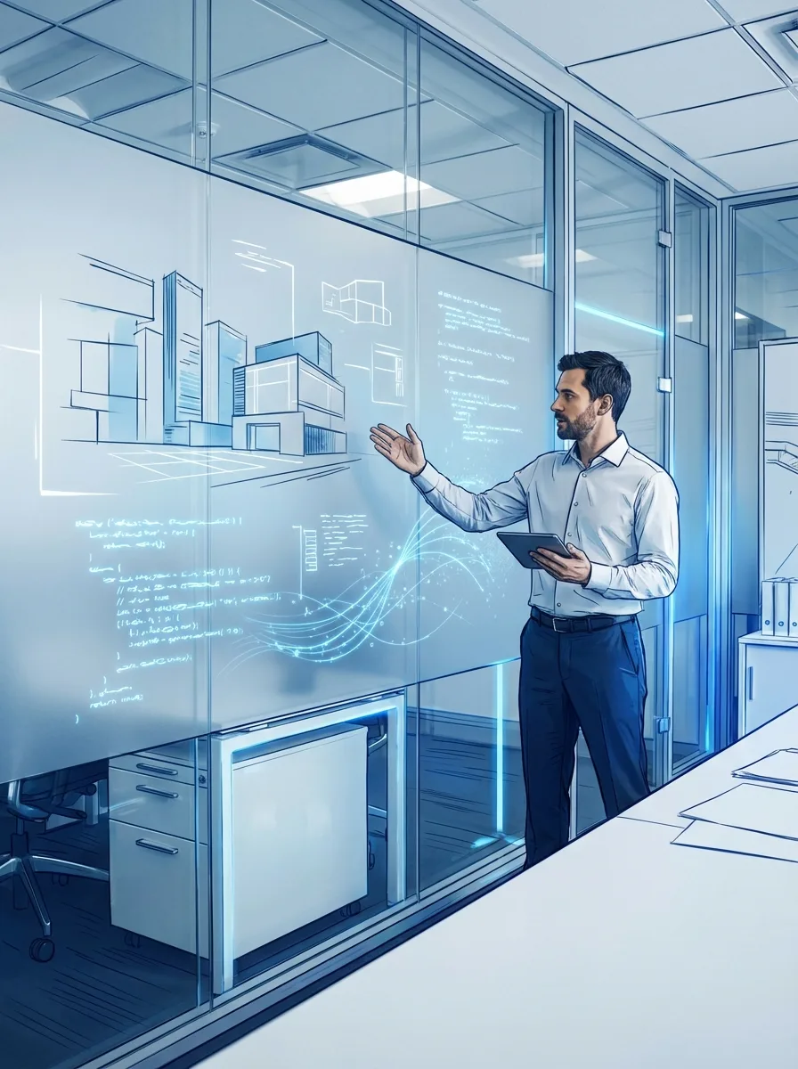 engineer reviewing architectural diagrams while AI generates code in real-time