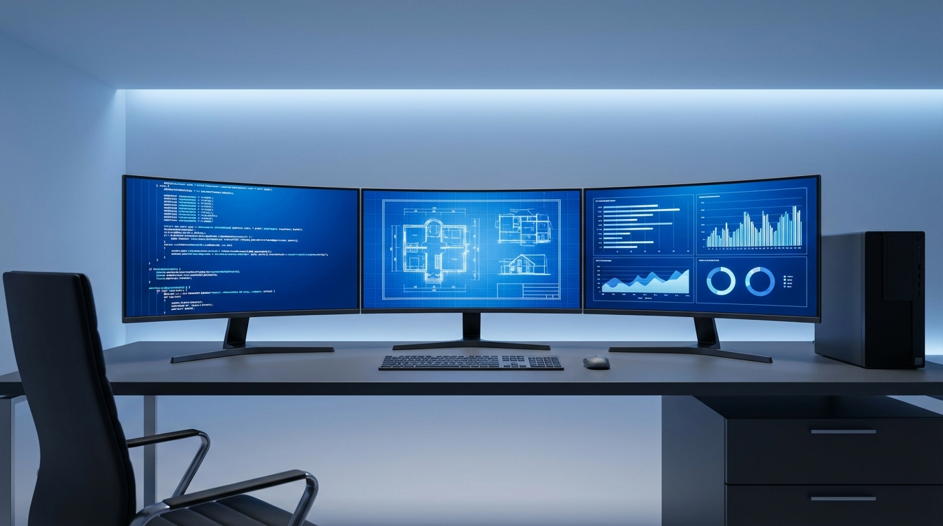 professional engineering workspace with multiple screens showing code editors and AI agent orchestration