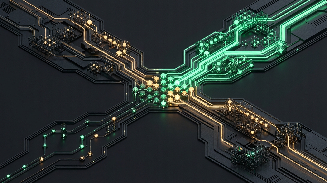 Three diverging decision pathways in an AI system design lattice representing tactical model selection contexts