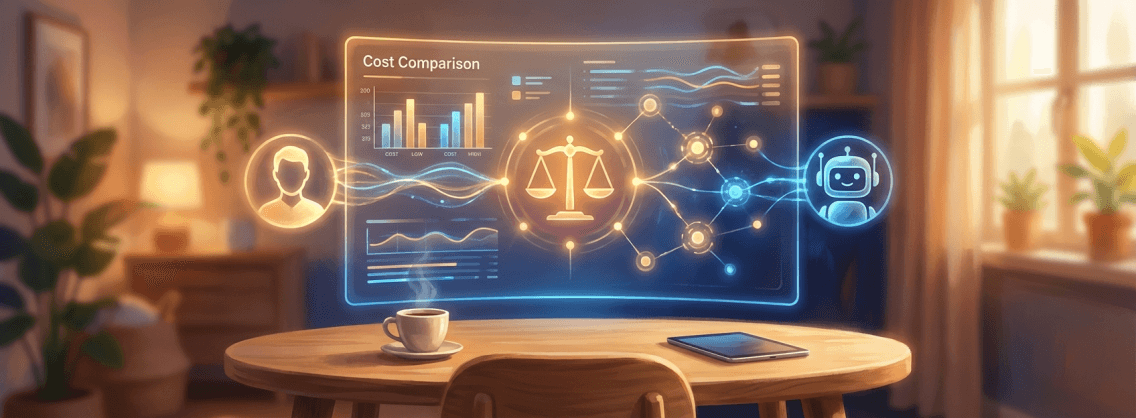 AI agent cost comparison dashboard showing balance between human hiring and autonomous AI agents
