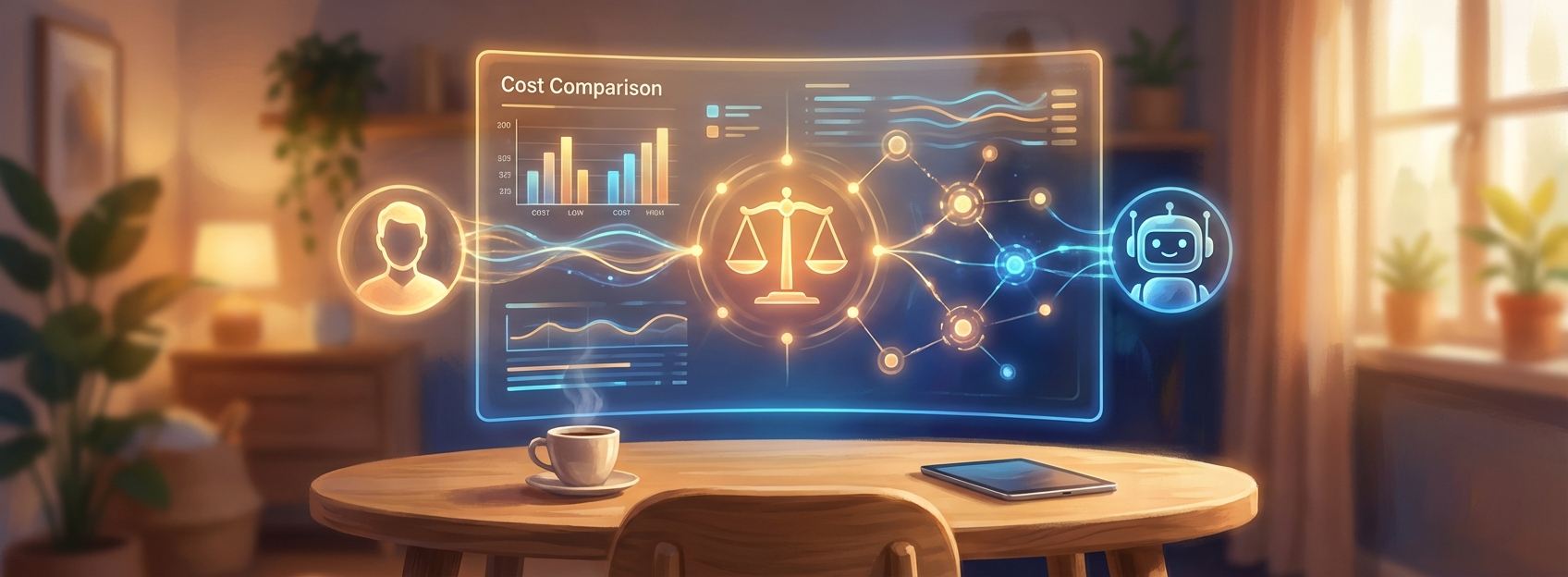 AI agent cost comparison dashboard showing balance between human hiring and autonomous AI agents
