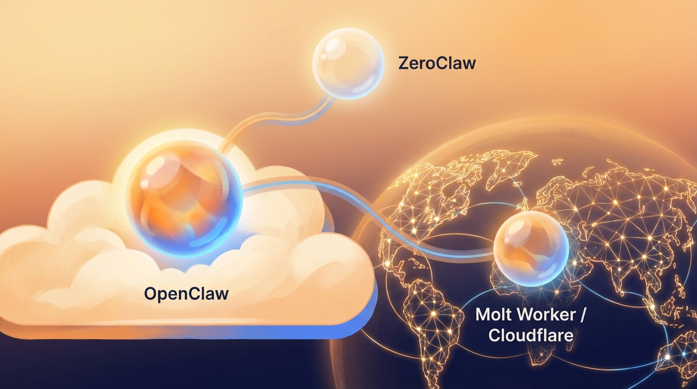 Three AI agent platforms - OpenClaw, ZeroClaw, and Molt Worker on Cloudflare global network