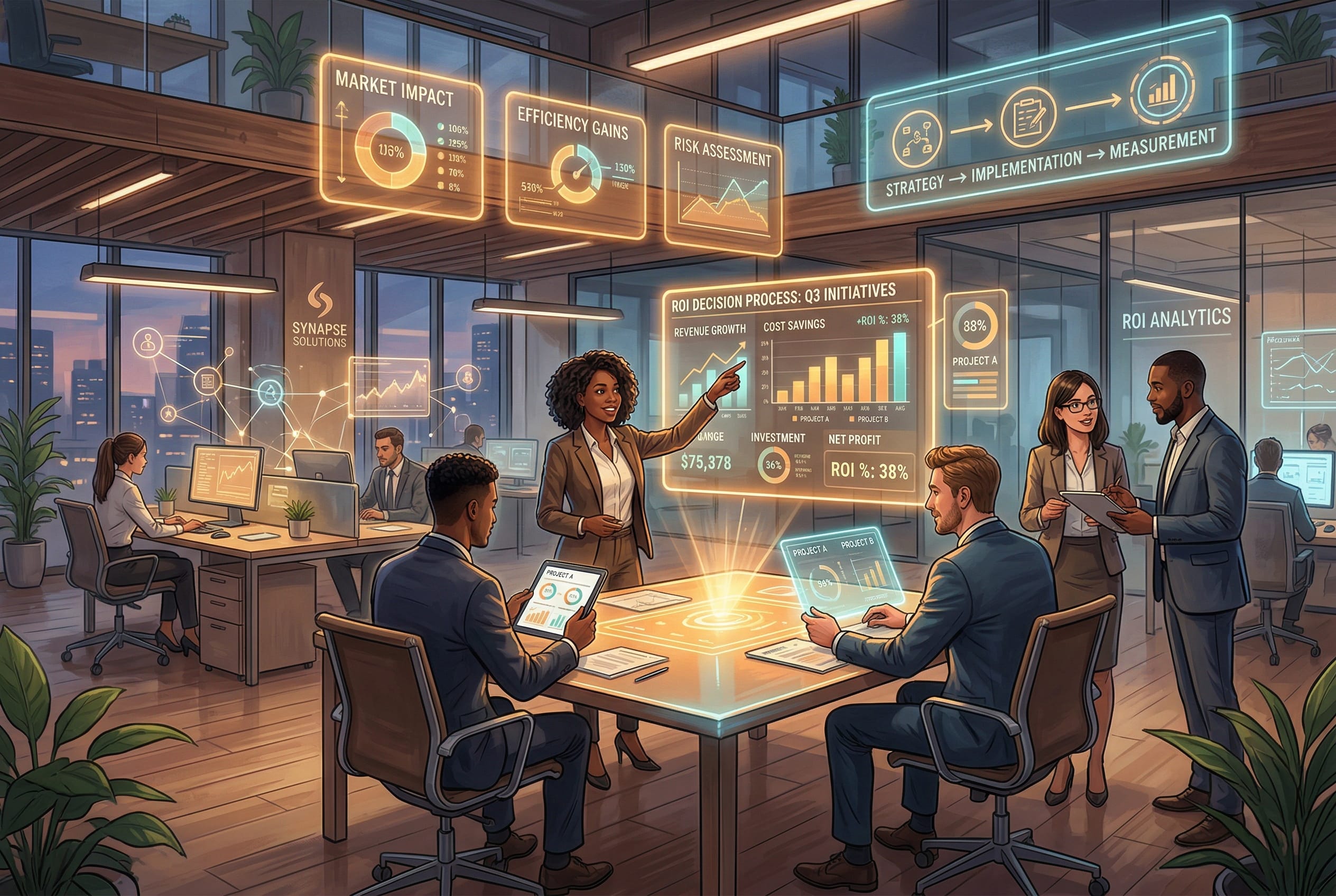 Professional workplace demonstrating practical AI agent ROI implementation with holographic data elements